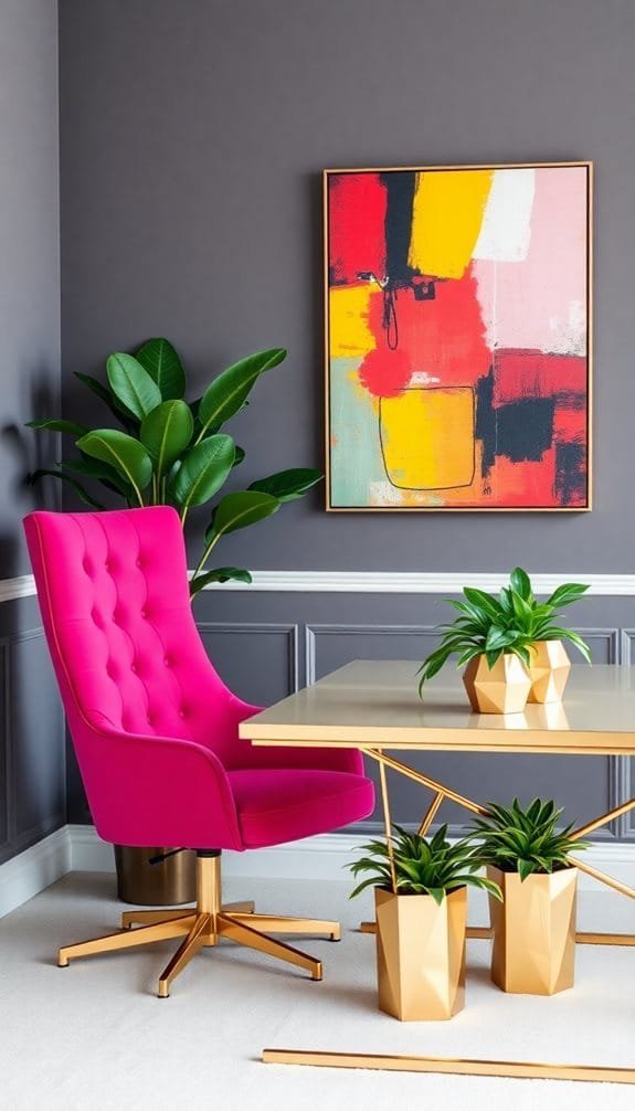 Bright and modern home office featuring a vibrant pink tufted chair and gold accents. The stylish desk is complemented by geometric planters with lush green plants. A colorful abstract painting adorns the dark gray wall, enhancing the contemporary aesthetic.