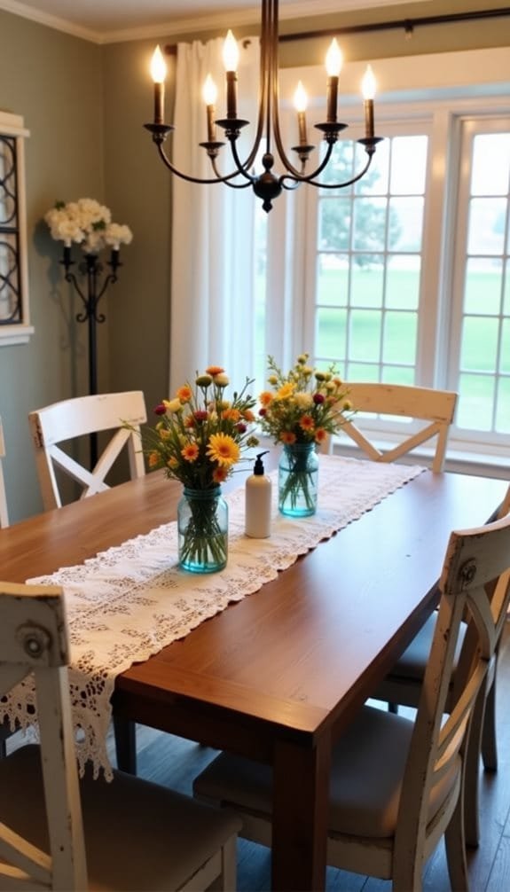 Dining room interior featuring a wooden table set with a lace runner, two vases of colorful flowers, and a decorative white bottle, illuminated by a vintage chandelier.
