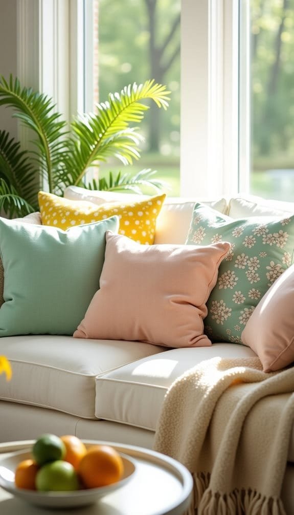 Cozy living room scene featuring a light-colored sofa adorned with colorful decorative pillows in pastel shades, alongside a soft throw blanket. A small round table holds a fresh fruit arrangement, complementing the sunny, inviting atmosphere created by large windows and greenery.