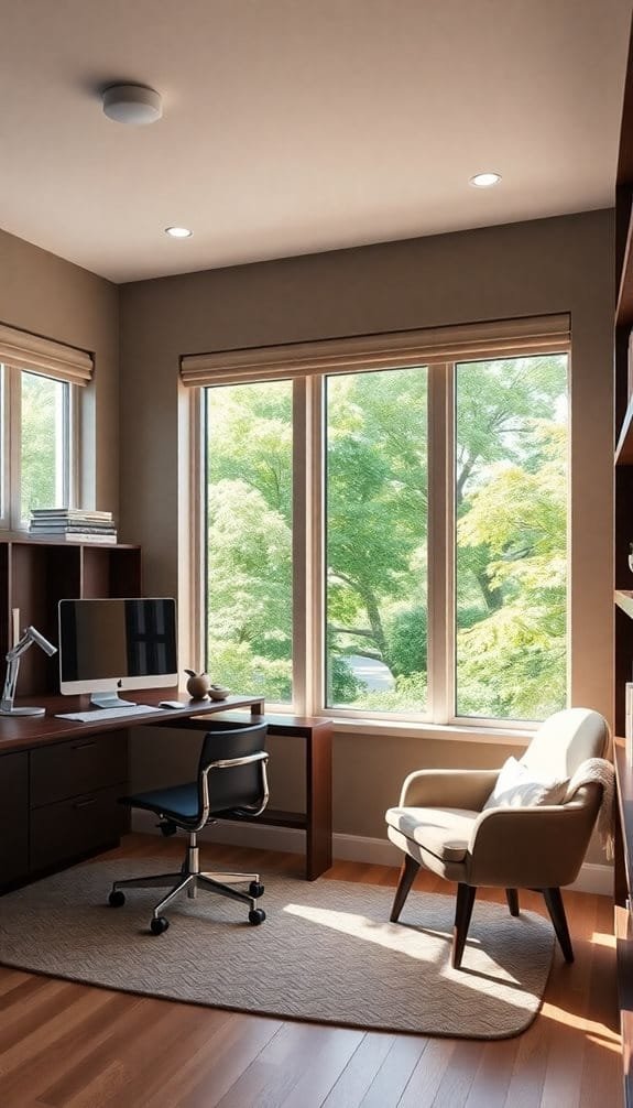 Cozy home office with large windows, modern desk, ergonomic chair, and natural light illuminating the serene workspace.