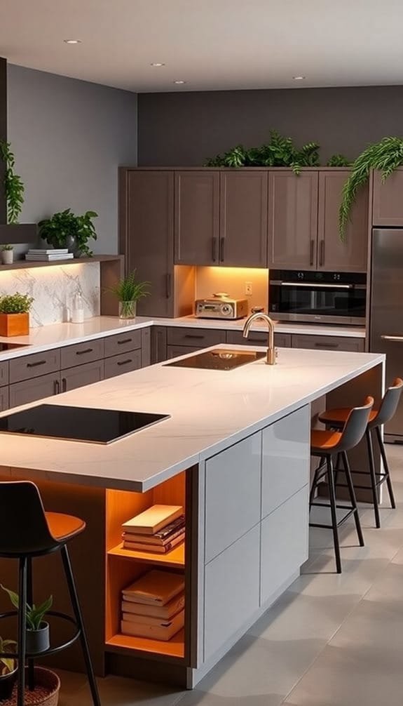 Modern kitchen featuring a sleek island with a cooktop, stylish cabinetry, and ambient lighting. The design includes open shelving with books, potted plants, and contemporary bar stools, creating an inviting and functional space.