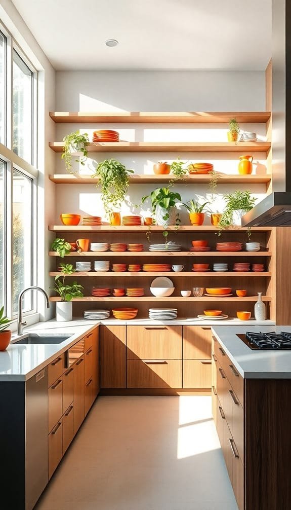 Modern kitchen with open shelving displaying colorful plates and bowls in orange and white, complemented by green plants. Sunlight streams through large windows, highlighting sleek wooden cabinetry and a minimalist design.