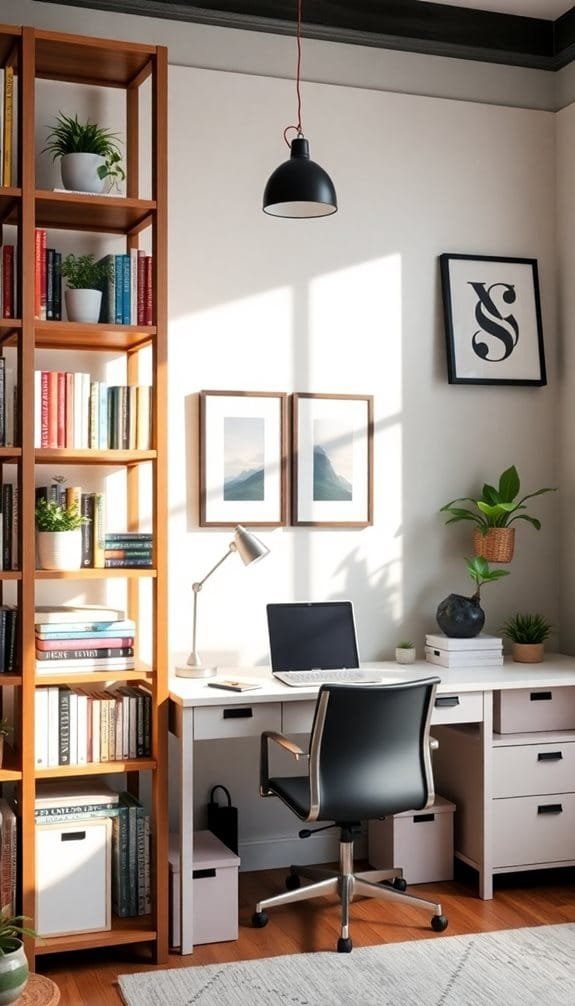 Modern home office setup featuring a sleek desk with a black chair, surrounded by a tall bookshelf filled with books and decorative plants. The space is illuminated by a stylish pendant light, with framed artwork and a potted plant enhancing the aesthetic. Natural light streams in, creating a bright and inviting work environment.