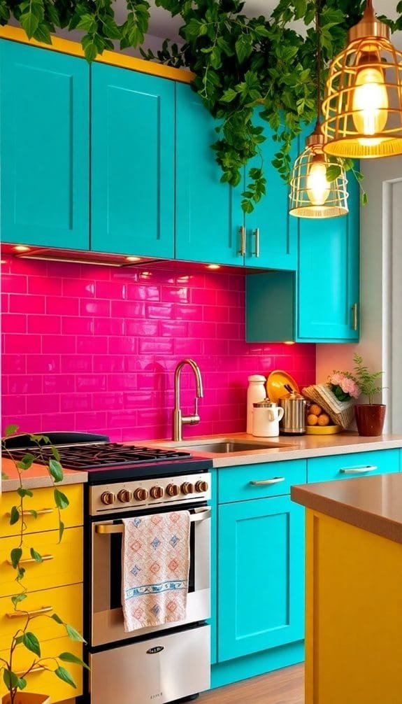 Bright and modern kitchen featuring vibrant turquoise and yellow cabinets, a striking pink backsplash, and stylish pendant lighting. The design incorporates greenery and contemporary appliances, creating a lively and inviting cooking space.