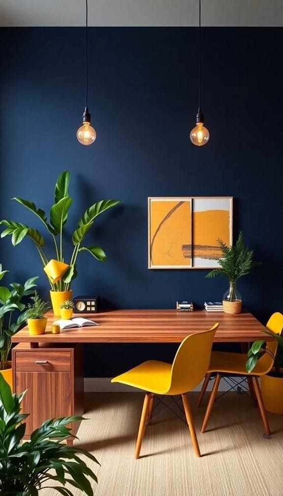 Modern workspace featuring wooden desk, vibrant yellow chairs, indoor plants, and artistic decor against a dark blue wall.