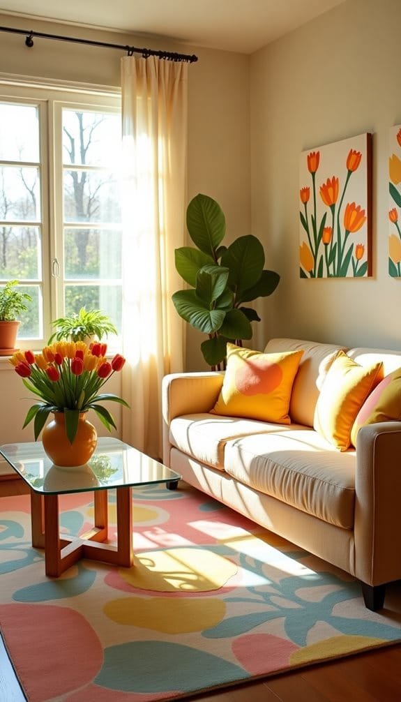 Cozy living room featuring a beige sofa with colorful cushions, a glass coffee table, and a vase of tulips on top. Natural light streams through large windows, illuminating the space, which is decorated with floral artwork and a lush indoor plant beside the window. A vibrant area rug adds color to the wooden floor.