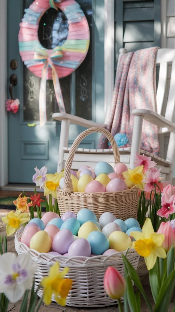 Colorful Easter eggs in two wicker baskets, surrounded by blooming daffodils and flowers, with a pastel wreath hanging on a blue door in the background. A cozy rocking chair and a blanket add to the festive spring atmosphere.