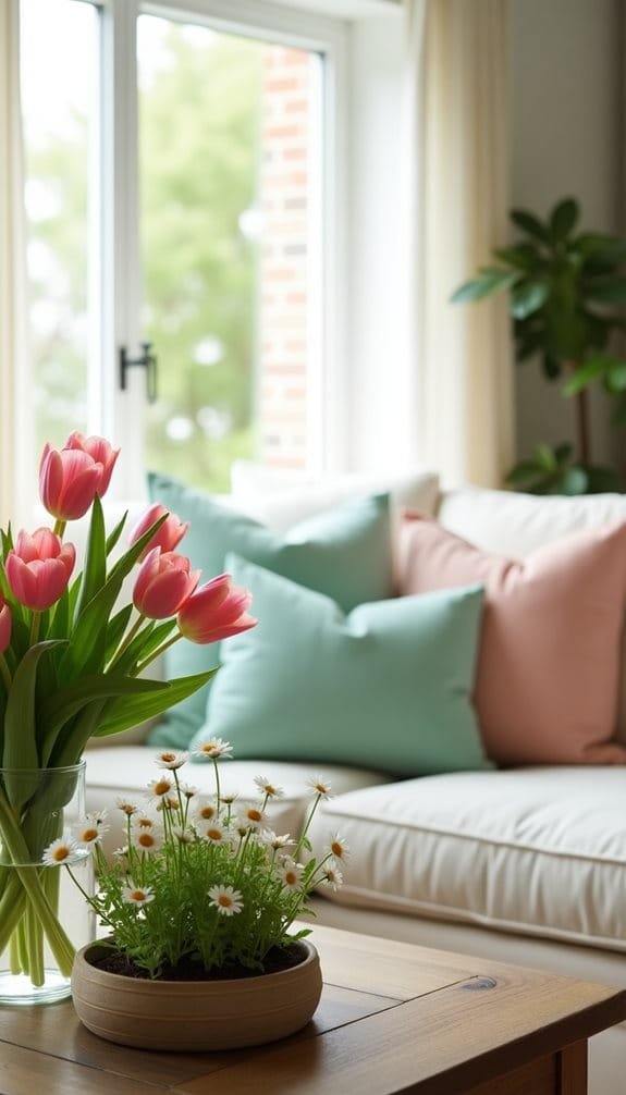 Bright living room scene featuring a vase of pink tulips on a wooden coffee table beside a pot of daisies, with a cozy sofa adorned with pastel-colored cushions and a window letting in natural light.