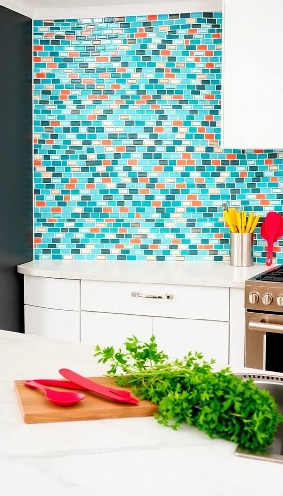 Vibrant kitchen backsplash featuring mosaic tiles in turquoise, orange, and black hues, complementing a modern white kitchen with stainless steel appliances and fresh parsley on a cutting board.
