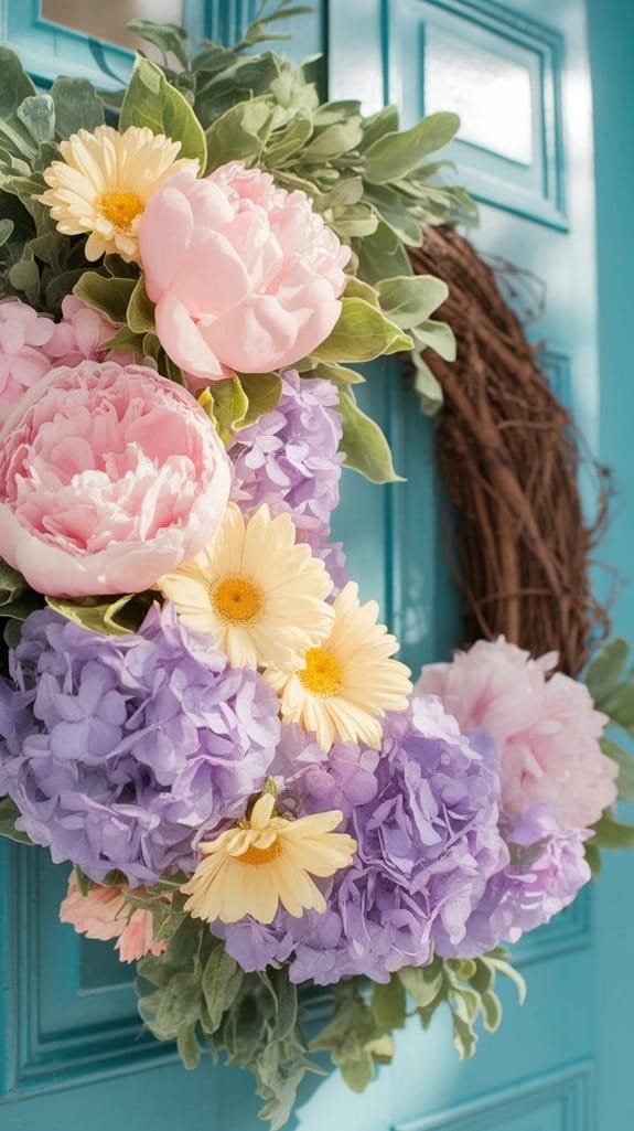 Beautiful floral wreath featuring peonies, hydrangeas, and daisies in shades of pink, purple, and yellow, mounted on a vibrant turquoise door, perfect for spring or summer décor.
