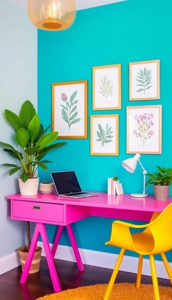 Colorful home office featuring a pink desk, yellow chair, and laptop against a vibrant teal wall adorned with framed botanical art. Lush green plants and a stylish lamp enhance the cheerful, contemporary workspace ambiance.