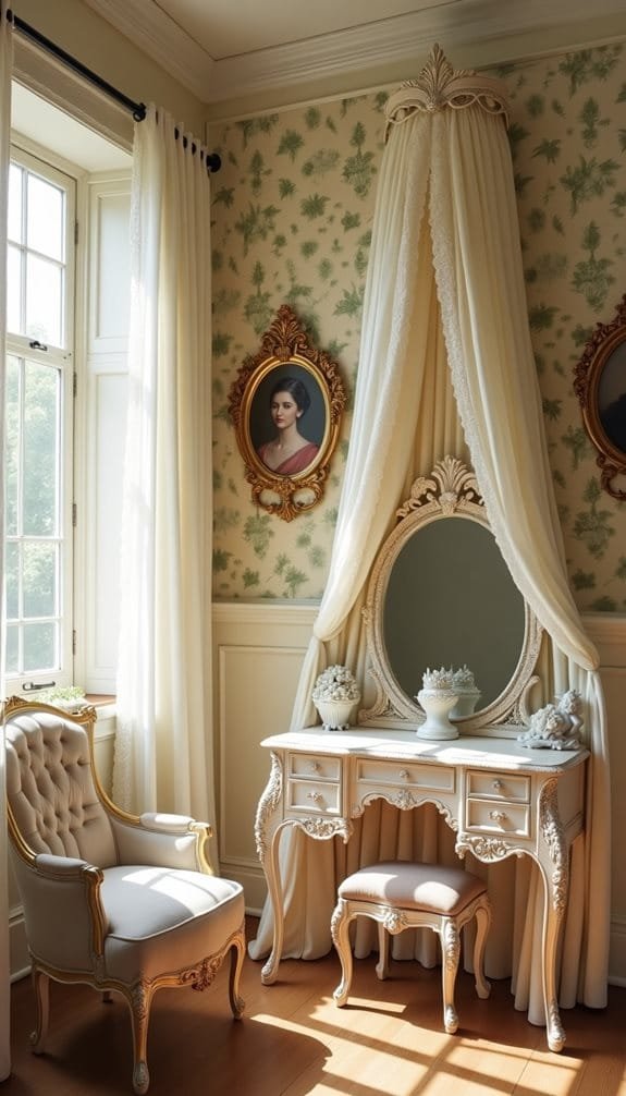 Elegant vintage vanity set in a sunlit room, featuring a decorative mirror, plush stool, and ornate armchair. Soft cream drapery and floral wallpaper enhance the sophisticated ambiance, complemented by framed portraits on the walls. Ideal for a chic vintage bedroom or dressing area.