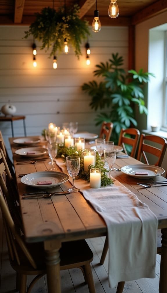 Elegant dining setup featuring a wooden table adorned with white candles, crystal glassware, and greenery. The space is illuminated by warm hanging lights and has a cozy, inviting atmosphere