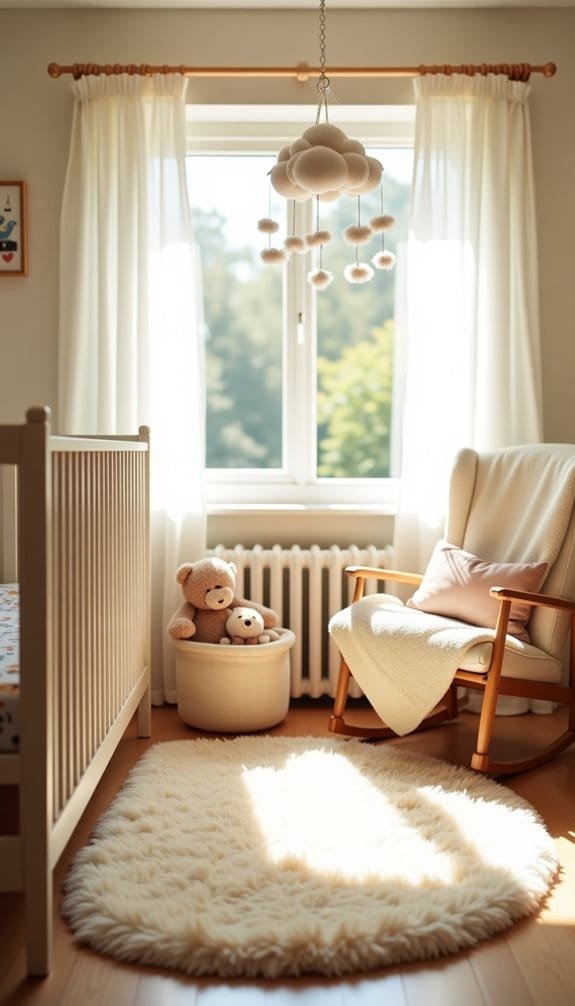 Cozy nursery interior featuring a crib, plush teddy bears, a rocking chair, and a soft shag rug, with natural light streaming in through window curtains, creating a warm and inviting atmosphere for a child's space.