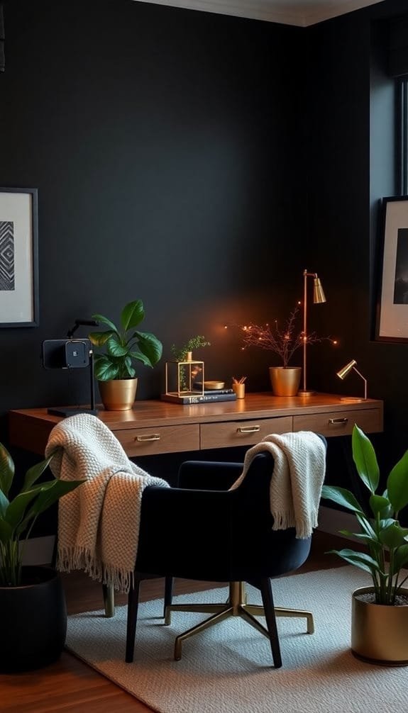 Home office with dark walls, wooden desk, stylish black chair, and indoor plants. Featuring cozy decor elements like a warm blanket and decorative lighting, creating a modern and inviting workspace.