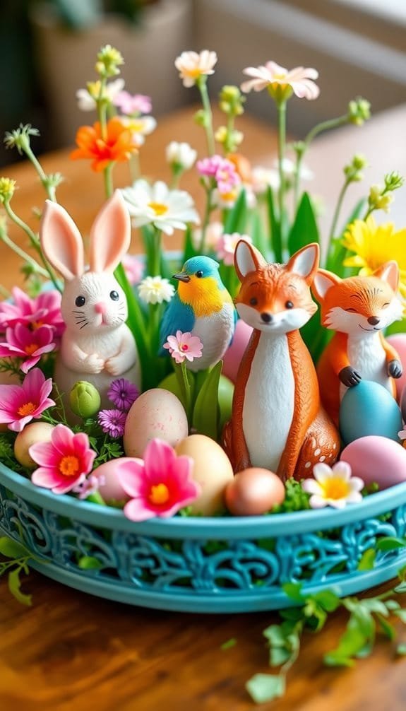 Colorful Easter centerpiece featuring decorative animals, flowers, and pastel eggs in a vibrant blue dish. Perfect spring decoration.