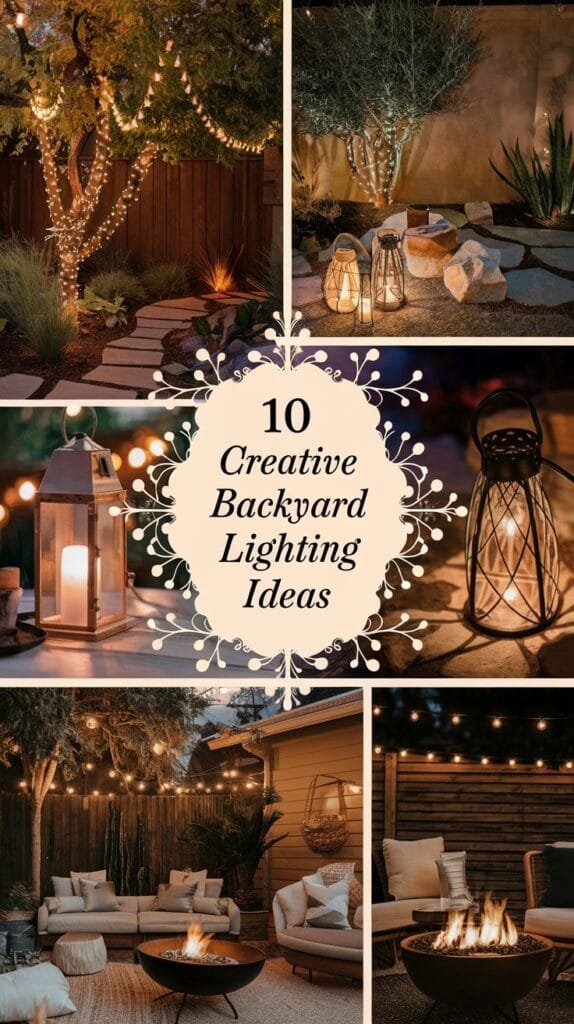 Beautiful backyard with creative lighting ideas, featuring string lights, lanterns, and cozy seating areas for outdoor relaxation.