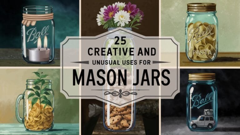 Image showcasing creative uses for Mason jars, including storage for candles, pasta, plants, and cookies with decorative jars.
