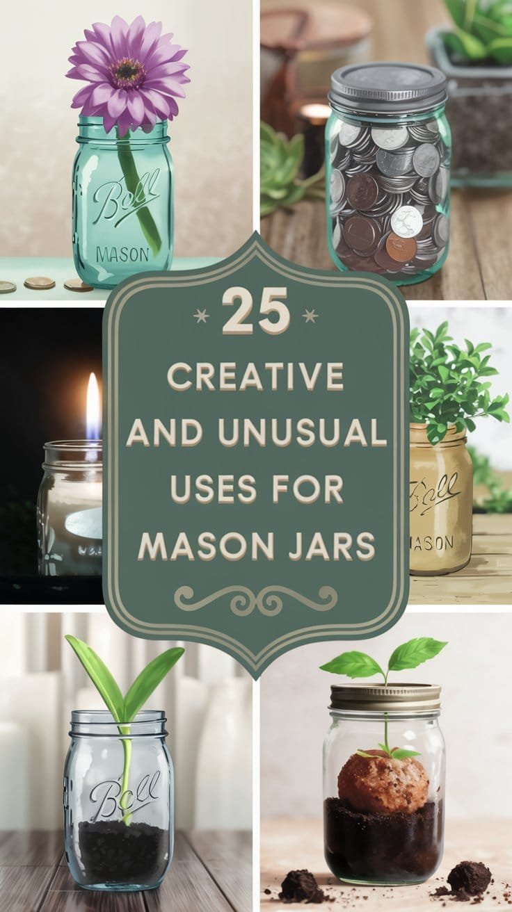 Collage showcasing 25 creative and unusual uses for Mason jars, including plants, candles, and coin storage ideas.