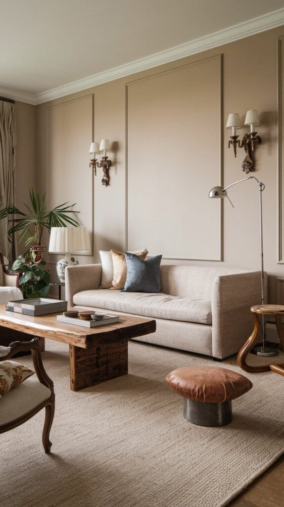 Cozy living room featuring a beige sofa, wooden coffee table, decorative pillows, and stylish lighting fixtures.