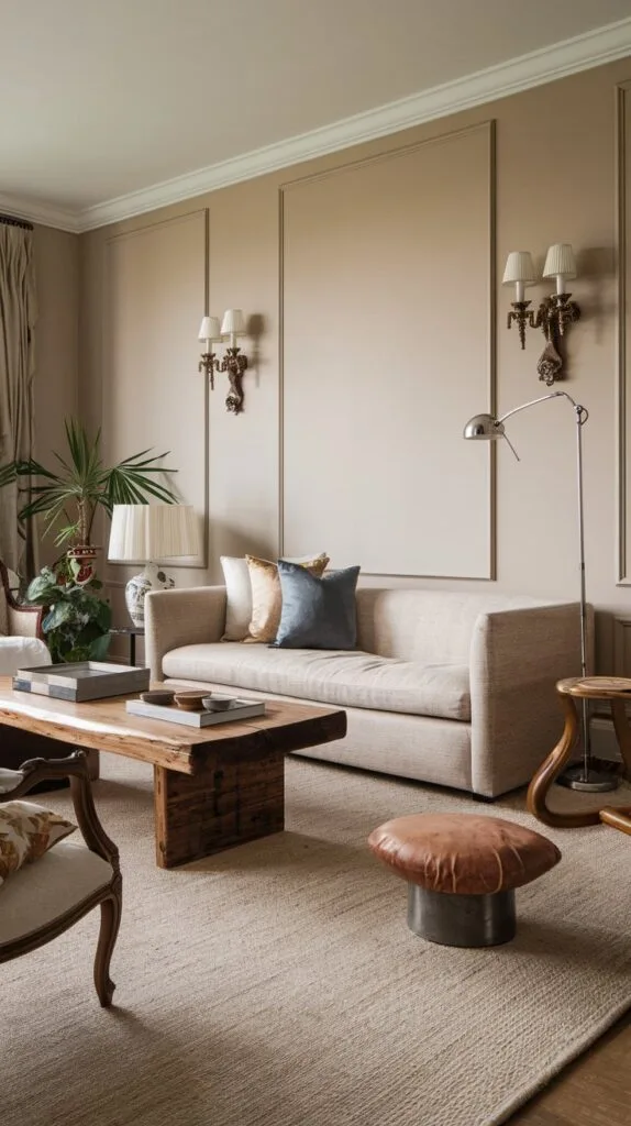 Cozy living room featuring a beige sofa, wooden coffee table, decorative pillows, and stylish lighting fixtures.