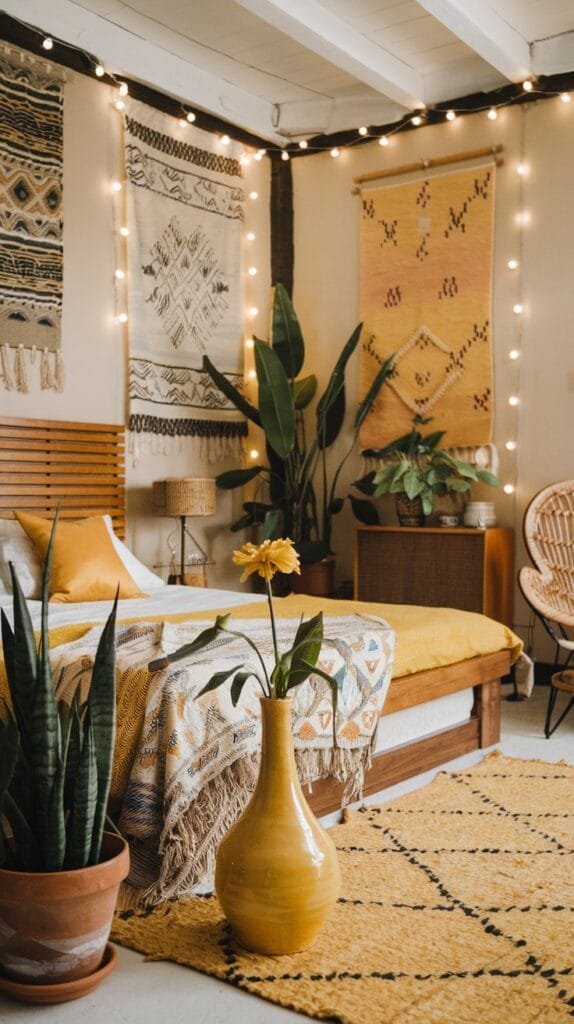 Cozy bedroom with vibrant decor, plants, textured blankets, and warm lighting, creating a welcoming and stylish atmosphere.