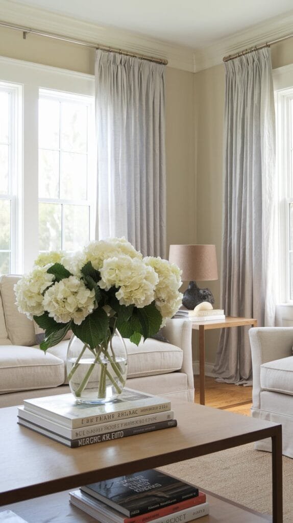 Cozy living room with white hydrangeas, modern decor, natural light, and soft curtains creating a tranquil atmosphere.