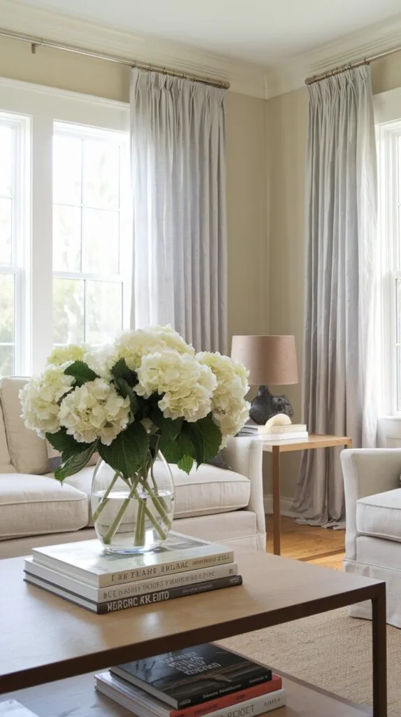 Cozy living room with white hydrangeas, modern decor, natural light, and soft curtains creating a tranquil atmosphere.