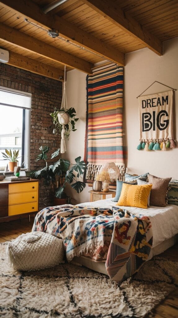 Cozy bedroom with wooden beams, colorful textiles, plants, and a motivational wall hanging for a relaxed atmosphere.