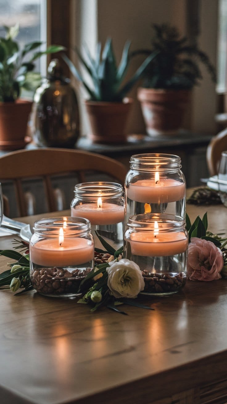 Decorative candles surrounded by flowers on a wooden table, creating a cozy and inviting atmosphere indoors.