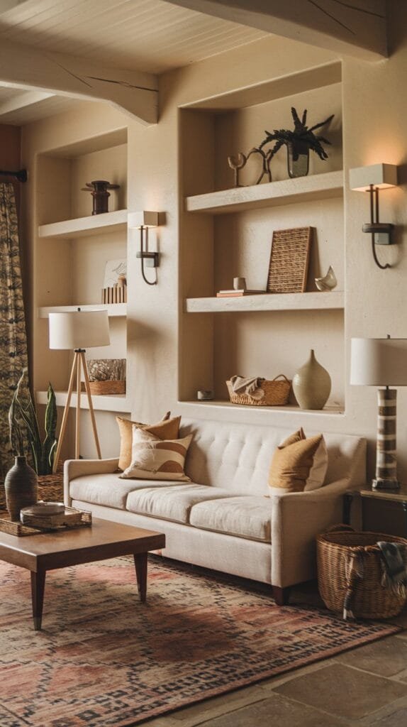 Cozy living room featuring a beige sofa, decorative pillows, wooden coffee table, and artistic shelves with plants and decor.