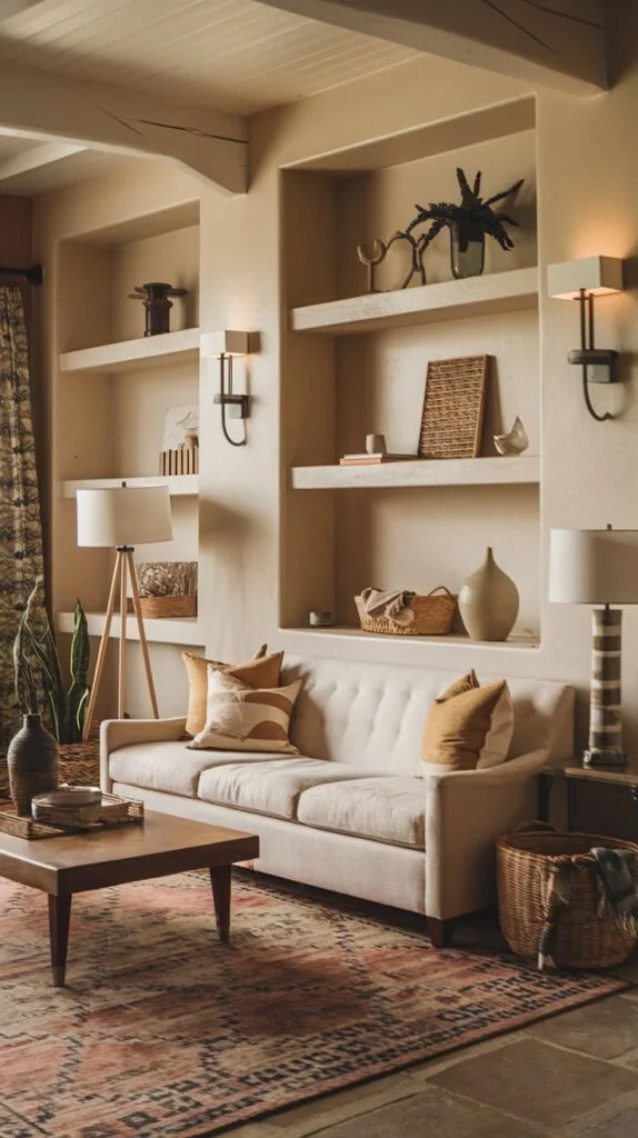 Cozy living room featuring a beige sofa, decorative pillows, wooden coffee table, and artistic shelves with plants and decor.