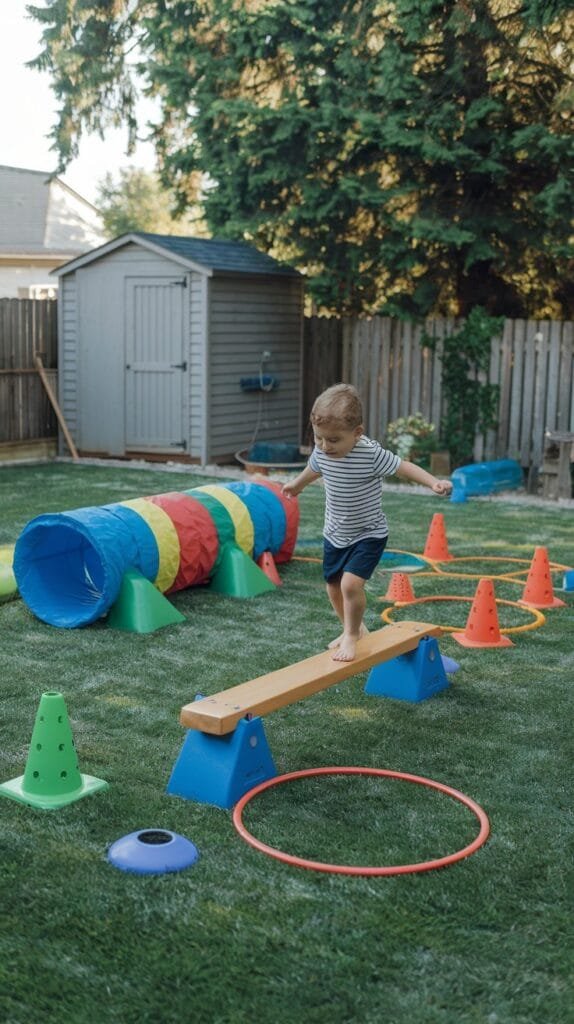 Child engaging in outdoor obstacle course with balance beam, tunnels, cones, and hula hoops in a backyard setting.