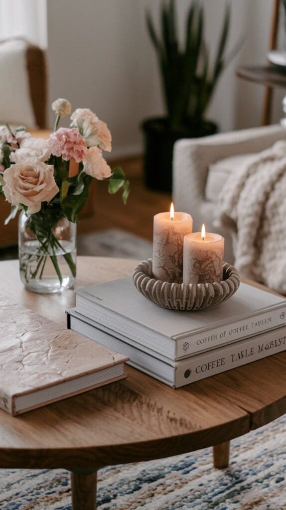 Cozy living room setup featuring candles, flowers, and coffee table books on a wooden table.