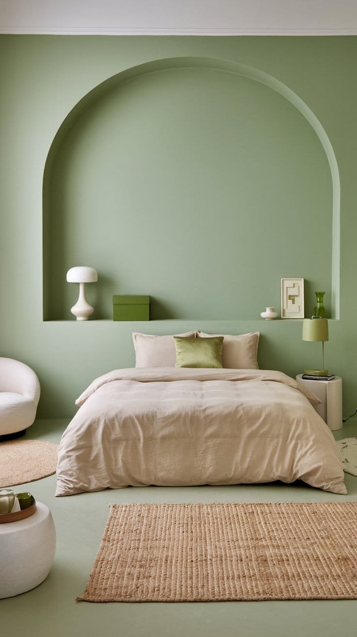 Modern bedroom design featuring green walls, a cozy bed, minimalist decor, and natural textures for a calming atmosphere.