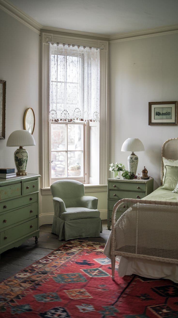 Cozy vintage bedroom featuring green furniture, a patterned rug, and natural light from a nearby window.