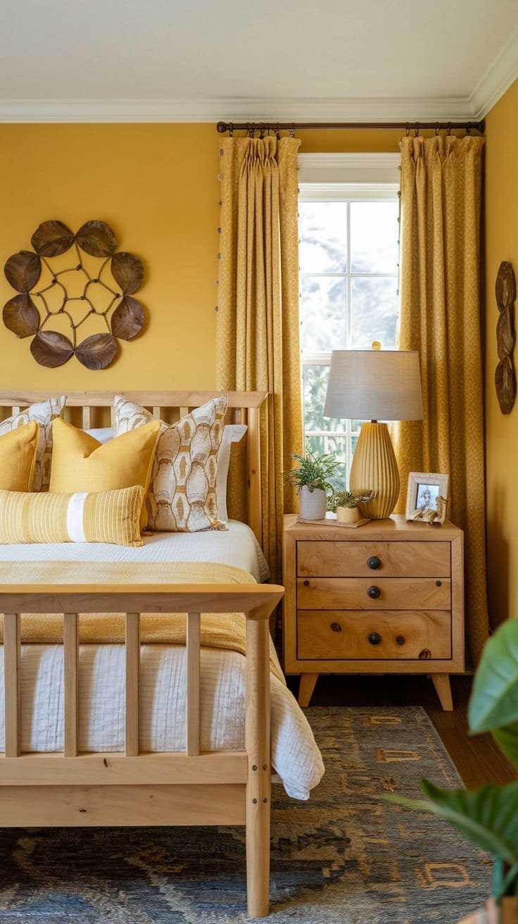 Cozy bedroom featuring yellow walls, patterned pillows, wooden furniture, and stylish curtains, creating a warm and inviting atmosphere.