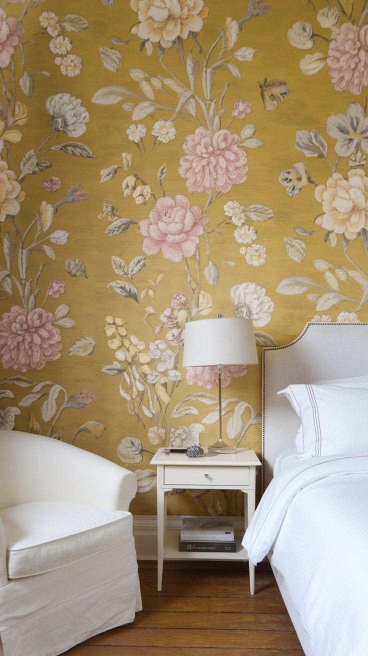 Cozy bedroom featuring floral wallpaper in yellow, a white armchair, bedside table, and neatly made bed.