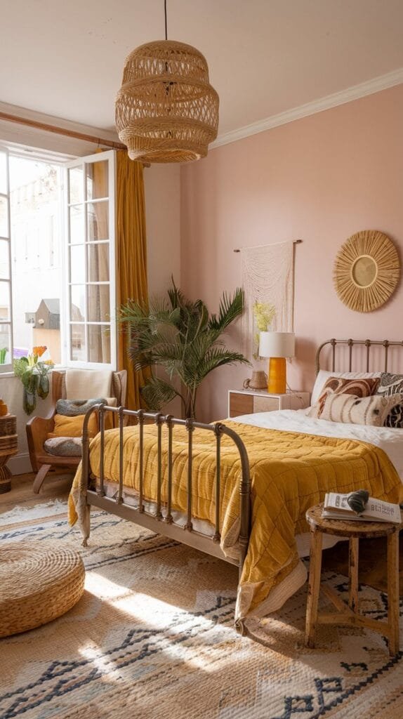 Cozy modern bedroom featuring a bohemian style with yellow quilt, natural accents, and abundant natural light.