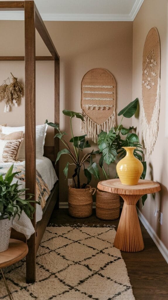 Cozy bedroom corner featuring a wooden four-poster bed, houseplants, woven decor, and a yellow vase on a unique table.