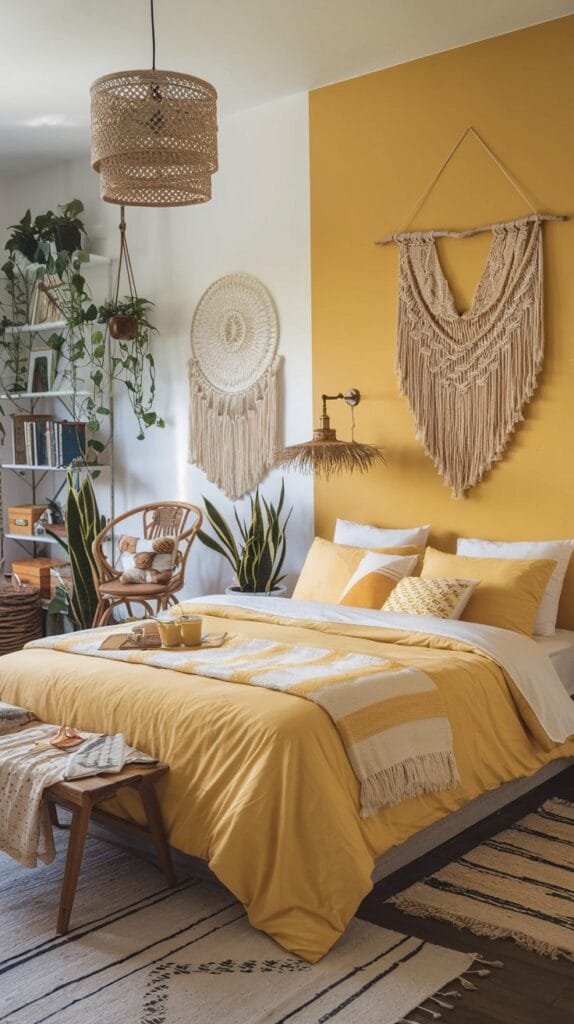 Bright and cozy bedroom featuring yellow decor, macramé wall art, and indoor plants for a serene atmosphere.
