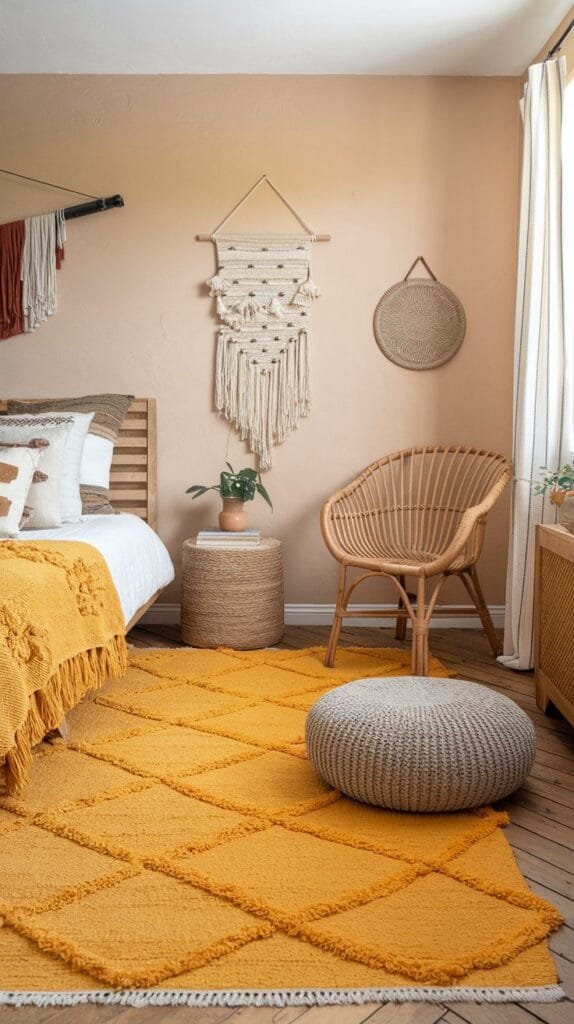 Cozy bedroom featuring a yellow textured rug, woven decor, and natural wood furniture for a warm, inviting atmosphere.