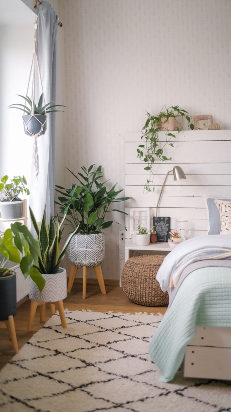 Cozy bedroom with plants, soft textiles, and a modern design featuring a wooden accent wall and decorative rugs.