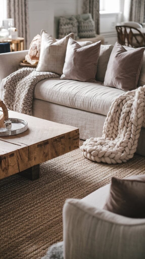 Cozy living room featuring a beige sofa, wooden coffee table, textured rugs, and decorative pillows for a warm ambiance.