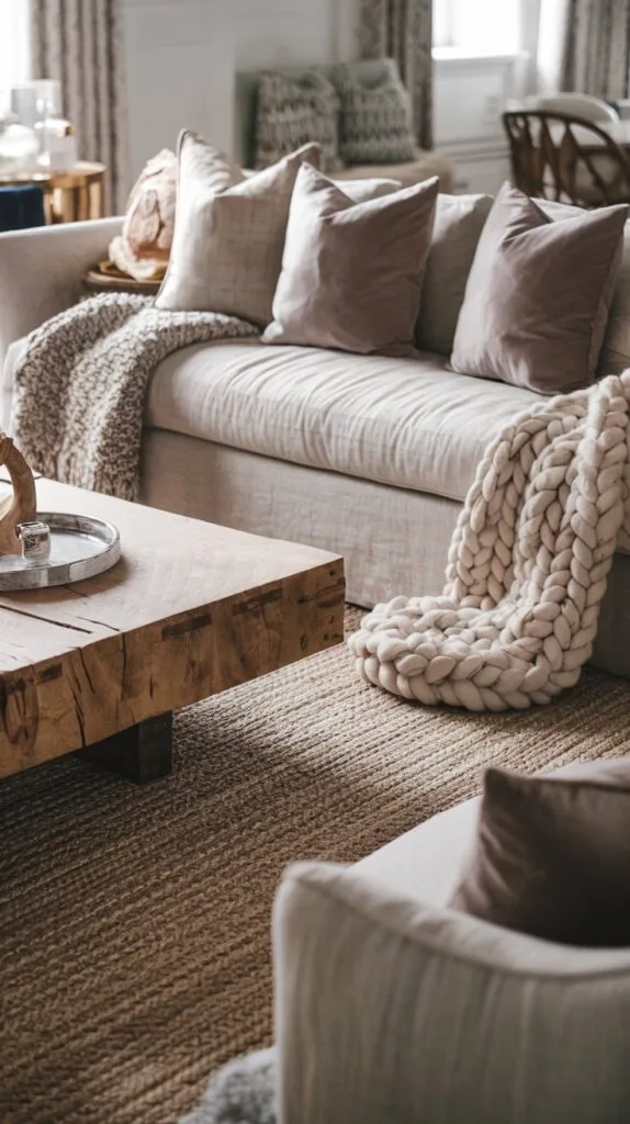 Cozy living room featuring a beige sofa, wooden coffee table, textured rugs, and decorative pillows for a warm ambiance.