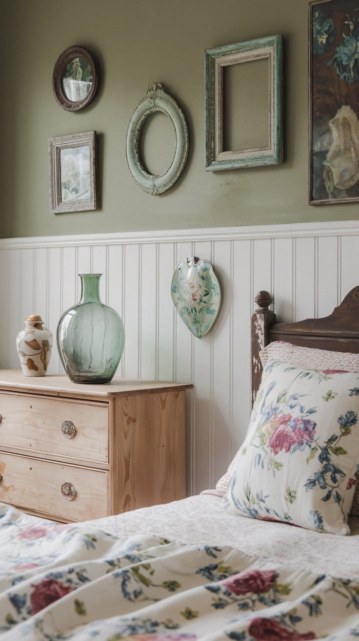Cozy cottagecore vintage bedroom featuring floral decor, charming framed art, and a wooden dresser with decorative vases.