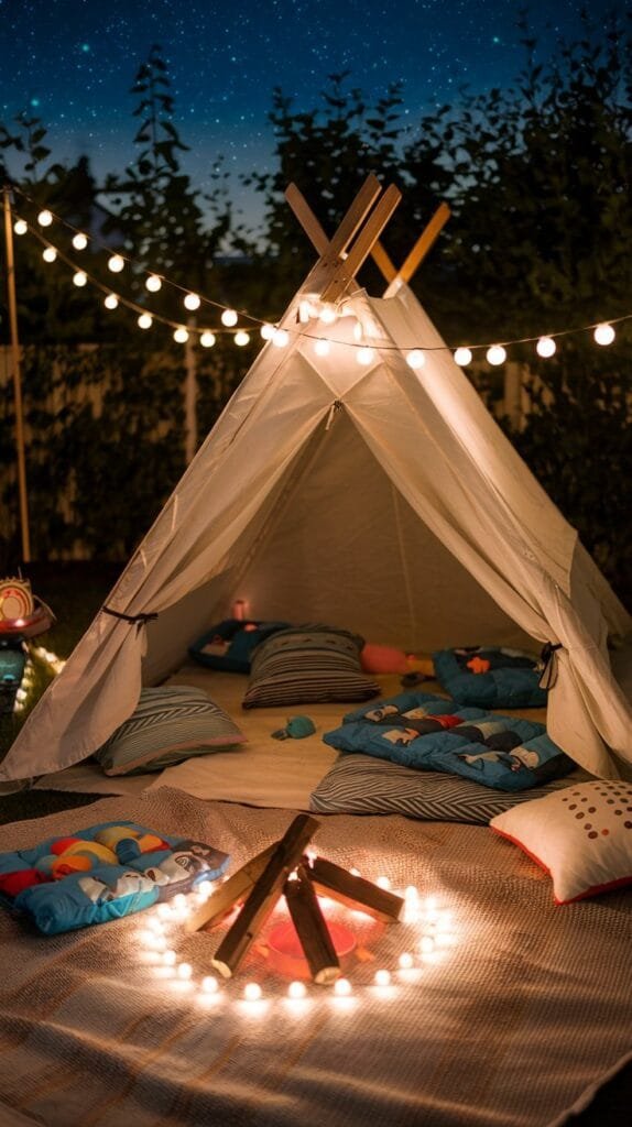 Cozy outdoor camping setup with a teepee, colorful cushions, twinkling lights, and a glowing bonfire under a starry sky.