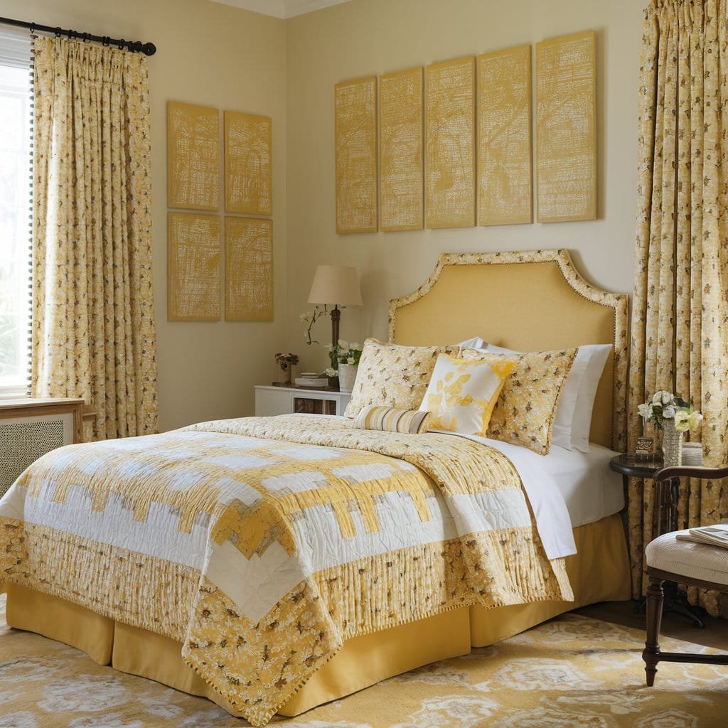 Bright and cheerful bedroom featuring yellow decor, patterned bedding, and soft lighting for a warm ambiance.