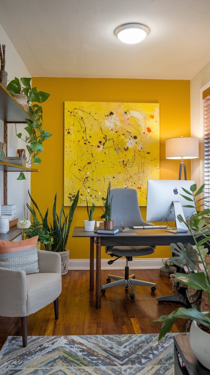 Bright home office with yellow accent wall, modern decor, plants, and stylish desk featuring an Apple computer.
