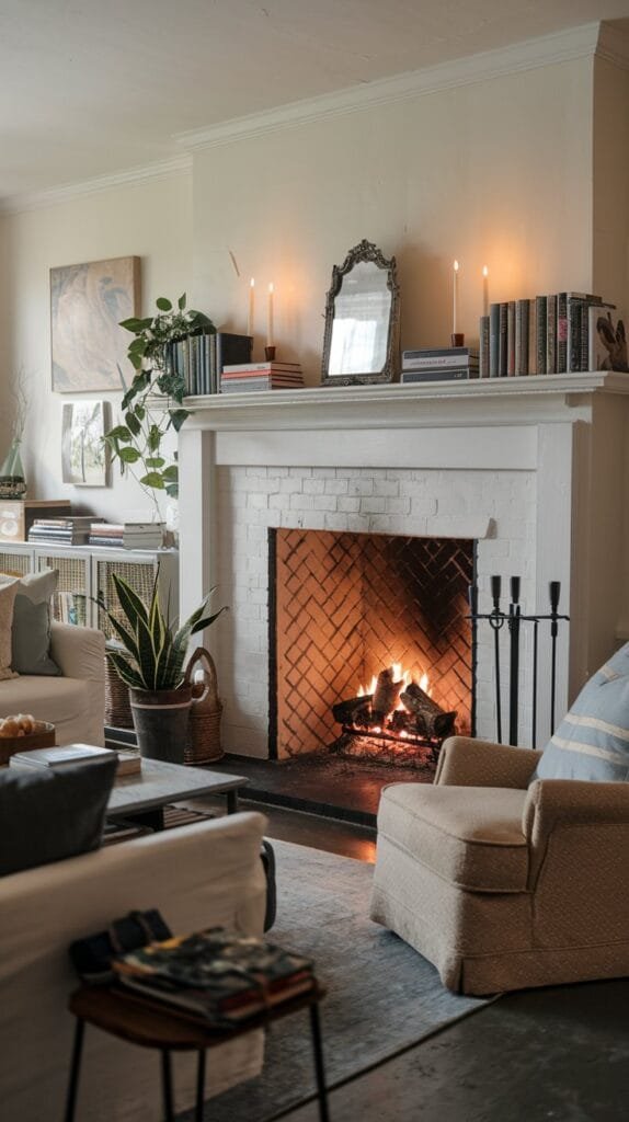 Cozy living room with a fireplace, books, plants, and warm lighting for a welcoming atmosphere.